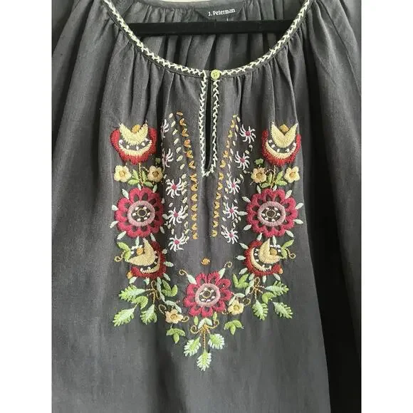 J. PETERMAN Dark Gray Floral Embroidered Bohemian Peasant Tunic Blouse Top Sz L - Picture 5 of 12
